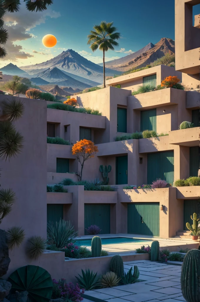 Multiple houses, brutalism style, Luis Barragán, Mountains in background, river, pool, terraces, stairs, garden terraces, trees, beautiful clouds, moon, sun, detailed, cacti, boulders, volcanic rocks, fuggy, Violet, orange, olive green, blue, magenta, amazing volcano in horizont, beautiful garden design
