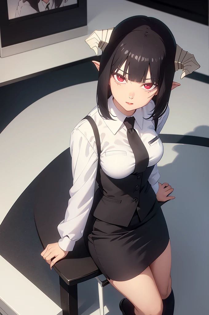 work of art, fitted white secretary shirt with black tie, very short black skirt, skirt short,sock, Bblack hair, socks pretas,Evil smile,tabletop,bangs on the eyes,Lighting,hair horn,from above view,staring overhead
