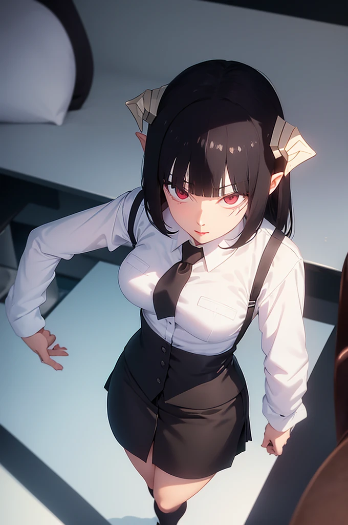 work of art, fitted white secretary shirt with black tie, very short black skirt, skirt short,sock, Bblack hair, socks pretas,Evil smile,tabletop,bangs on the eyes,Lighting,hair horn,from above view,staring overhead
