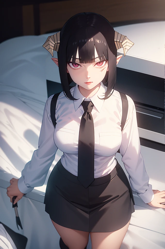 work of art, fitted white secretary shirt with black tie, very short black skirt, skirt short,sock, Bblack hair, socks pretas,Evil smile,tabletop,bangs on the eyes,Lighting,hair horn,from above view,staring overhead
