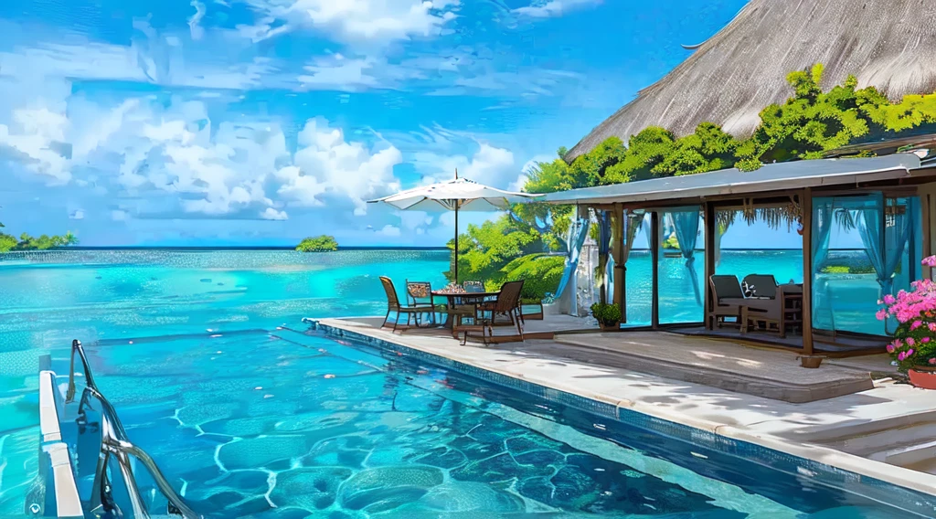 there is a pool with a patio and a table with chairs and umbrellas, wonderful masterpiece, hd wallpaper, maldives in background, amazing wallpaper, great masterpiece, beautiful wallpaper, paradise in the background, beautiful place, wallpapers, amazing view, luxurious environment, vacation photo, luxury lifestyle, amazing background, next to a tropical pool, high quality wallpaper, infinity pool, desktop background
