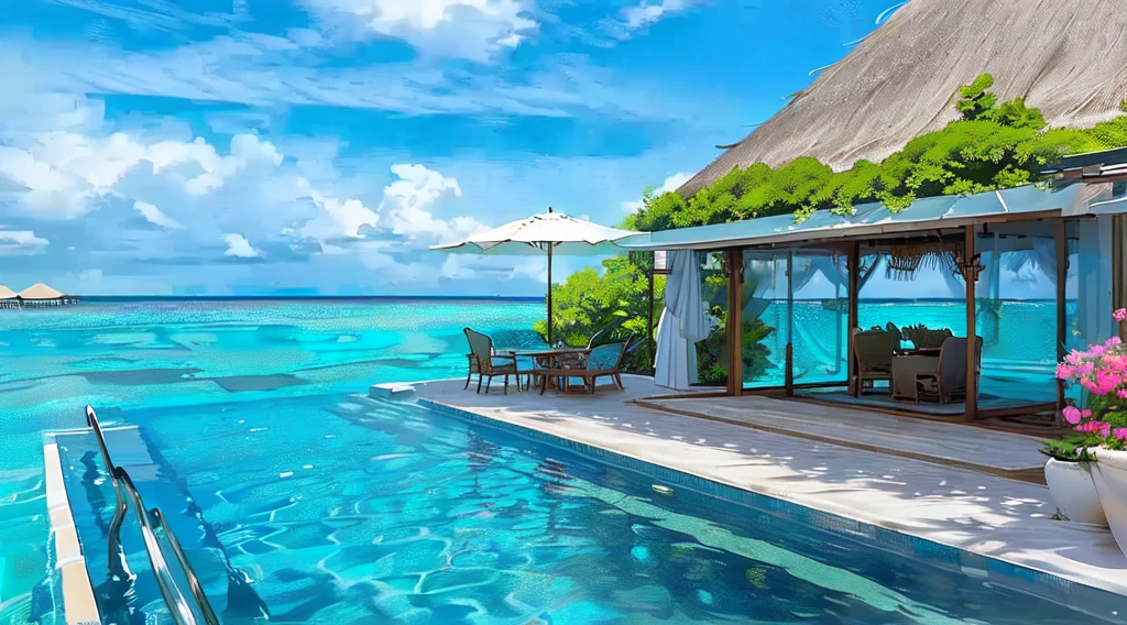 there is a pool with a patio and a table with chairs and umbrellas, wonderful masterpiece, hd wallpaper, maldives in background, amazing wallpaper, great masterpiece, beautiful wallpaper, paradise in the background, beautiful place, wallpapers, amazing view, luxurious environment, vacation photo, luxury lifestyle, amazing background, next to a tropical pool, high quality wallpaper, infinity pool, desktop background