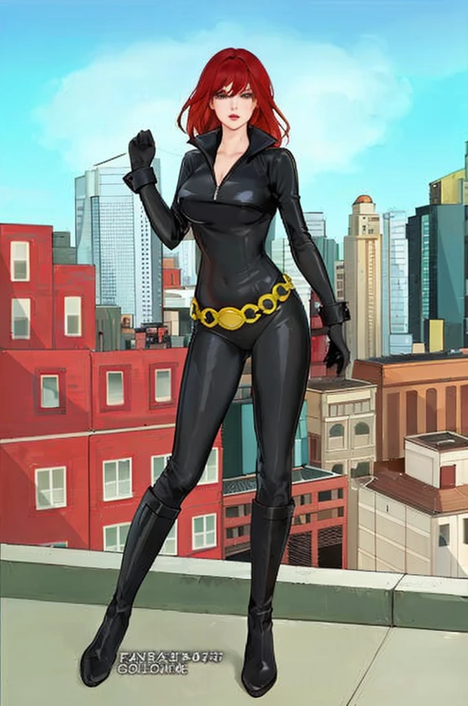 The image depicts a woman with red hair. She is clad in a sleek skin-tight shiny black latex bodysuit with a deep-cut zipper neckline revealing a large chest
which is accentuated by a yellow belt, and her attire includes black gloves, boots, and wrist guards. She is posed on a rooftop, her gaze cast over a cityscape painted with buildings in varying shades of red, orange, and tan under a serene blue sky dotted with a few clouds.