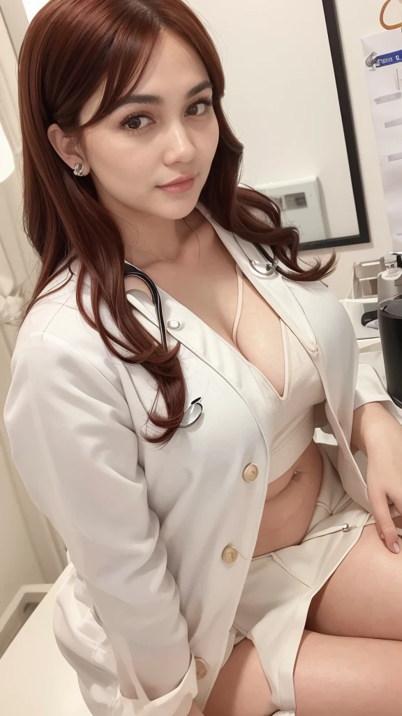 (((HD photo))), ultra high res.photorealistic:. 1.4, UHD, masterpiece, trending on artstation, portrait, full body shot, 1girl, pretty, cute face, most beautiful in the world, cleavage, soft, delicate, (long red hair), perfect figure, (wearing white mini doctor uniform:1.5), leaning over, holding stethoscope:1.4, medical fetish, examination, sunkissed, hospital ward background, nsfw
