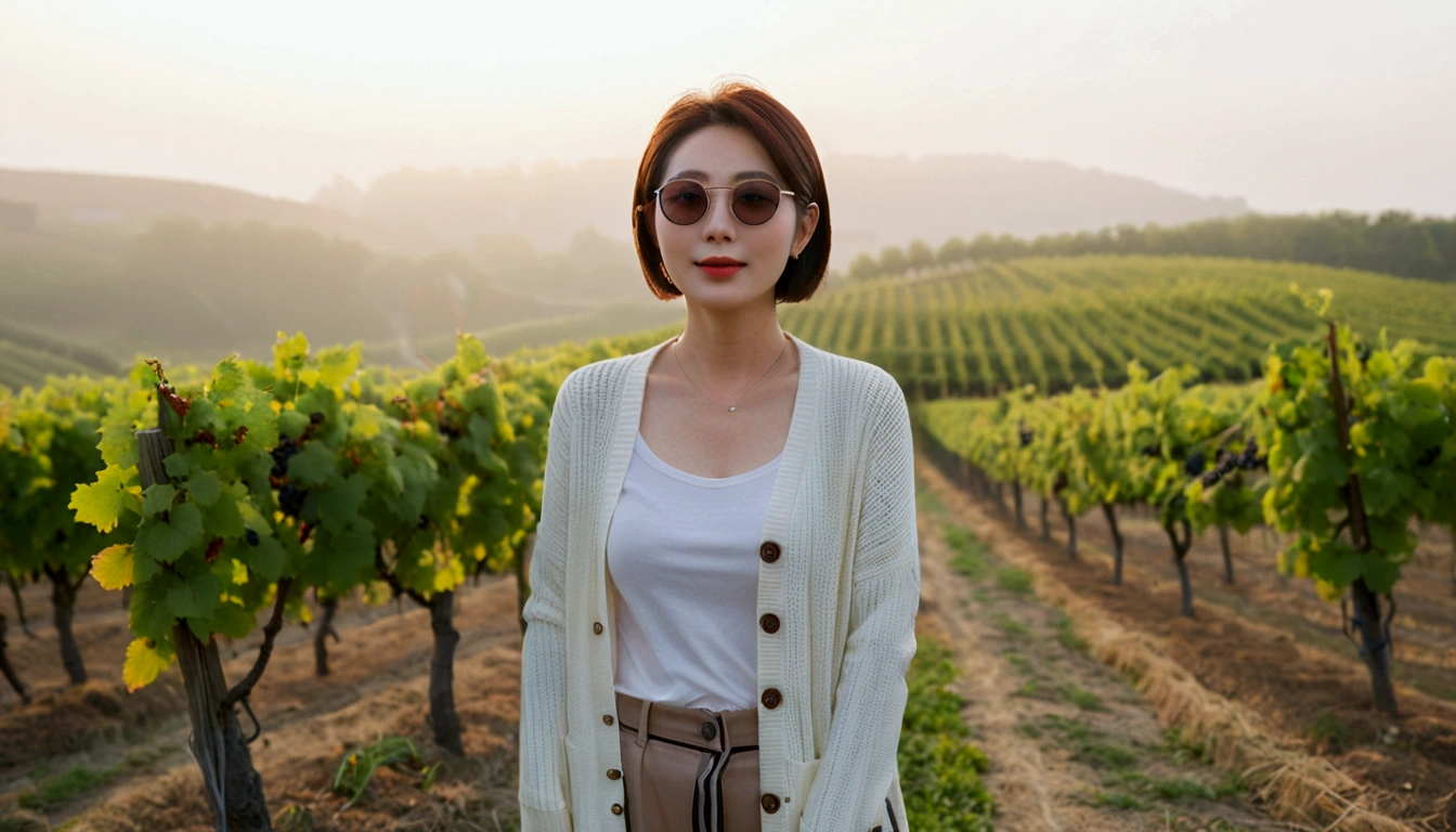 Post Creativity Upscale Transformation Upscale Download Generation Data Prompt Txt2Img 8k Realistic, lifelike photo,, 36 year old Korean woman, Short in stature, pretty like a model. front view, White shirt and short cardigan, casual pants, short medium hair, Smiley, Italy. vineyard, thick dawn fog. vineyard 지나 짙은 안개 속으로 저 멀리 성당이 보인다. Full body shot from afar with a wide angle lens , 1 woman, Short in stature, looking at the camera, Excellent picture quality, The morning fog is thick, The picture quality is alive. Full body shot with Canon 16-35 wide angle lens, Wearing sunglasses and looking up to the side, The cathedral is visible in the red morning sunlight.