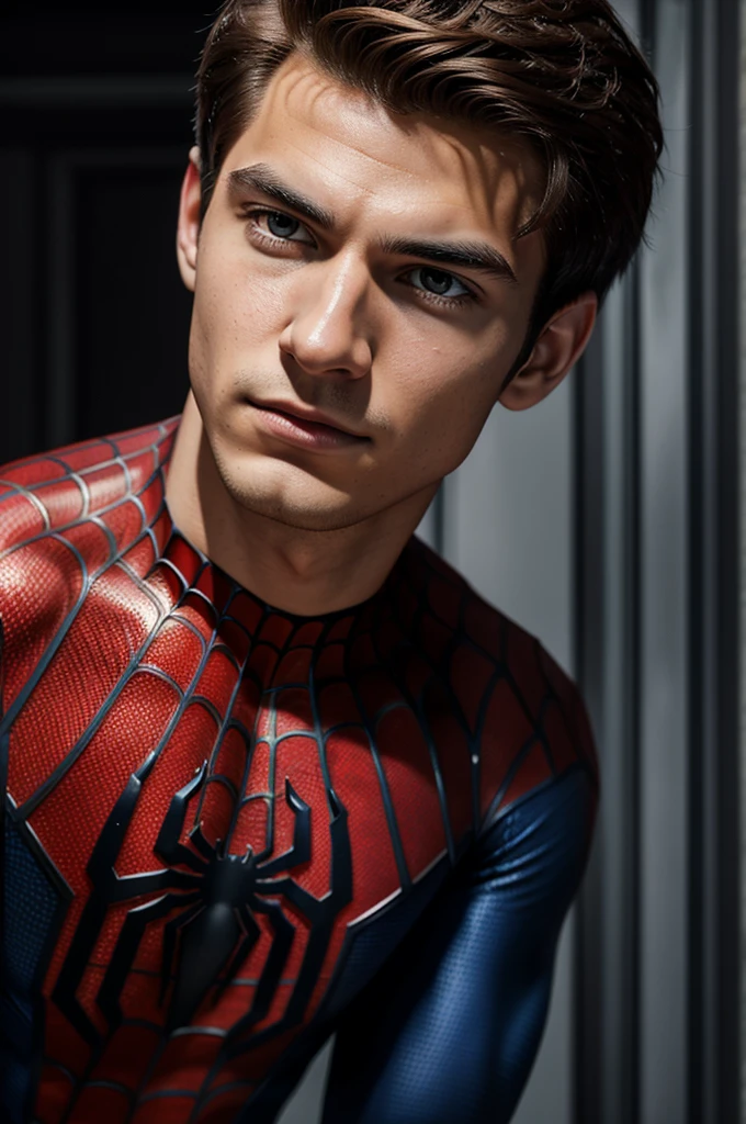 A photograph of spider man, no mask, 20 yo, handsome, detailed face, looking at camera, portrait, 8k uhd, high quality