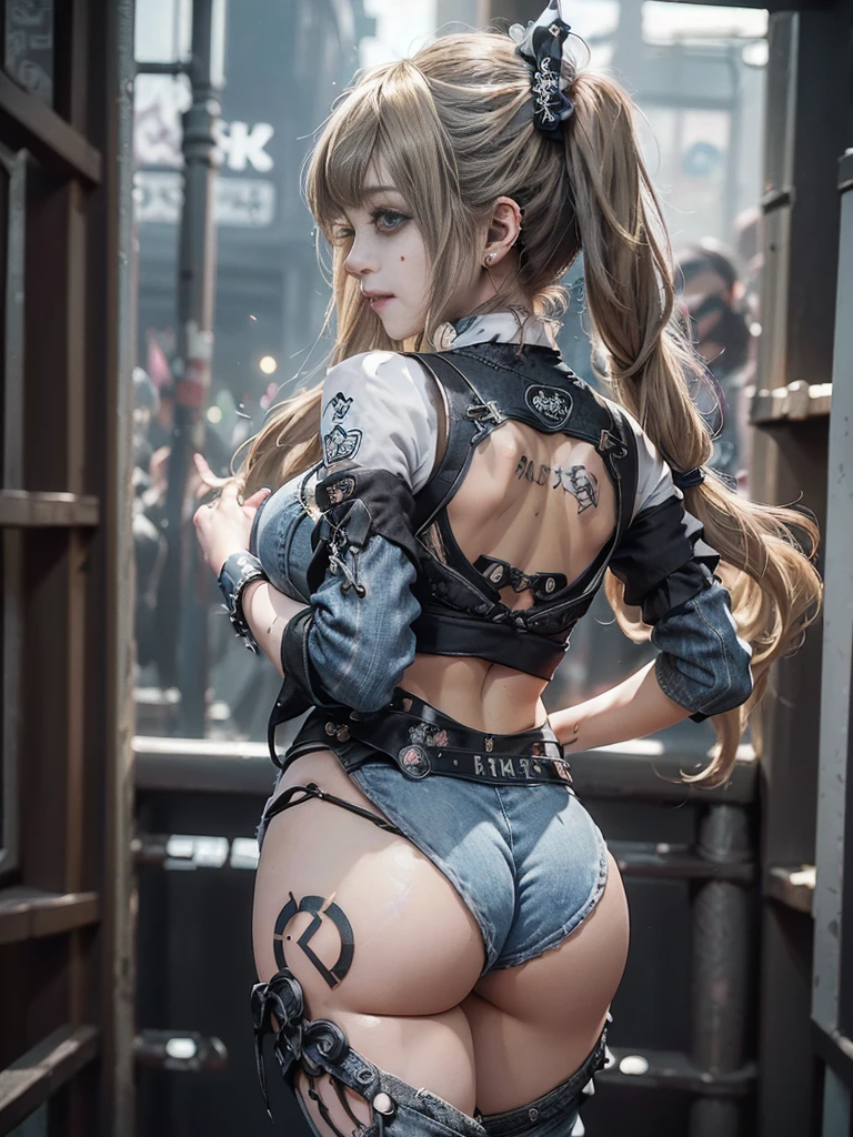 (Full Body View:1.2)、(Back view:1.4)、(Smiling with teeth showing:1.3),(Shibuya Gal:1.5)、(Gothic Lolita style fashion:1.5)、(Punk RockVisual Kei:1.5)、(Wearing a rhythmic gymnastics bodysuit with intricate details:1.4)、(Racing suit and pants with intricate decorations in white, denim and charcoal:1.5)、(Denim and light blue and white boots:1.3)、((belt))、(Numerous delicate logo marks all over the costume:1.4)、(collar:1.3)、(Striped underwear:1.5)、20-year-old、NSFW、((Highest quality、In 8K、masterpiece:1.3))、Sharp focus:1.2、(Layered Cut、Huge boobs:1.1),Beautiful woman with perfect figure:1.4、(Dancing vigorously:1.3)、Slender Abs:1.2、Highly detailed face and skin texture、Detailed eyes、double eyelid,(Twin tails:1.3)、(Brown-golden hair:1.3)、Gravure idol、(The background is a dance carnival:1.3)、(Slim Body:1.3),(Make your legs thinner:1.4),（clavicle:1.1）、(Thin and slim thighs:1.3)