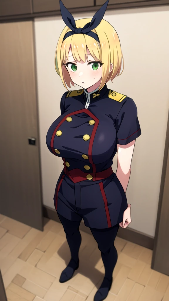 hands at sides, two hands down, hands down, masterpiece, best quality, upper body, uniform, without sleeves,Shushu Suruga, 1girl, yellow hair, green eyes, looking at viewer, short hair, large breasts, hairband, bangs, full body, standing