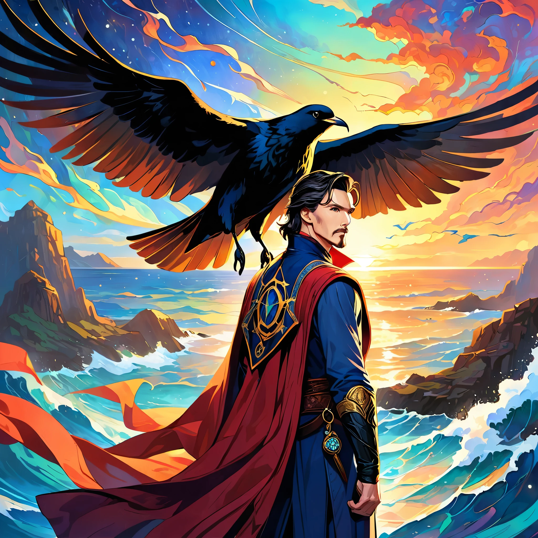 Marvel, ((((Doctor Strange from Marvel)))), A man with fair skin, jet-black hair with gray streaks at the sides, and a goatee. He is wearing a long red cloak with a high standing collar and a dark suit with blue trim. The man is standing in profile, holding a dreamcatcher with both hands in front of him. Behind him is a stained glass window in the shape of a bird silhouette. The window's cells show different worlds like sunsets, space, the ocean, and other landscapes, but maintain the color palette of the pattern.", The overall style of the artwork is reminiscent of fantasy or supernatural genres, realistically, dynamic lights, old, gray stubble, full shoot, (extremely detailed CG unity 8k wallpaper), trending on ArtStation, trending on CGSociety, High Detail, Sharp focus, dramatic, photorealistic