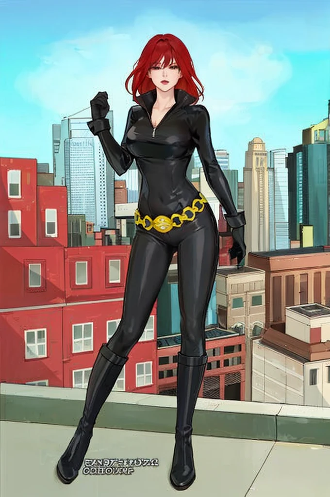 The image depicts a woman with red hair. She is clad in a sleek skin-tight shiny black latex bodysuit with a deep-cut zipper neckline revealing a large chest
which is accentuated by a yellow belt, and her attire includes black gloves, boots, and wrist guards. She is posed on a rooftop, her gaze cast over a cityscape painted with buildings in varying shades of red, orange, and tan under a serene blue sky dotted with a few clouds.