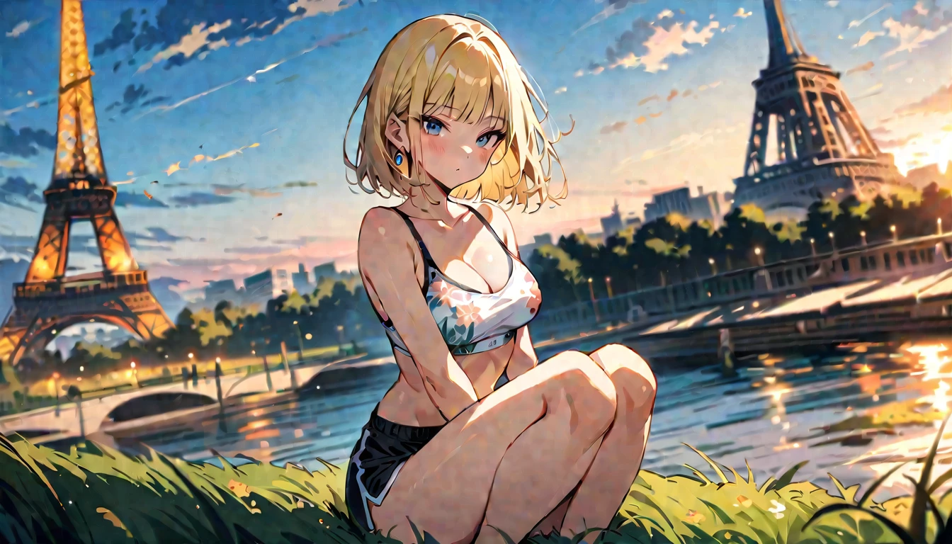 (masterpiece, best quality:1.2),1girl, (solo), Android 18 from Dragon Ball, ((floral print white sport bra, black dolphin shorts)), medium breasts, blunt bangs, blonde short hair, black eyes, earrings on earlobes, slim, slender feminine figure, skinny body, blush, magnificent view, blur background, 8K, the Eiffel Tower, collarbone, riverside, sky, sunny, meditation on the grass,