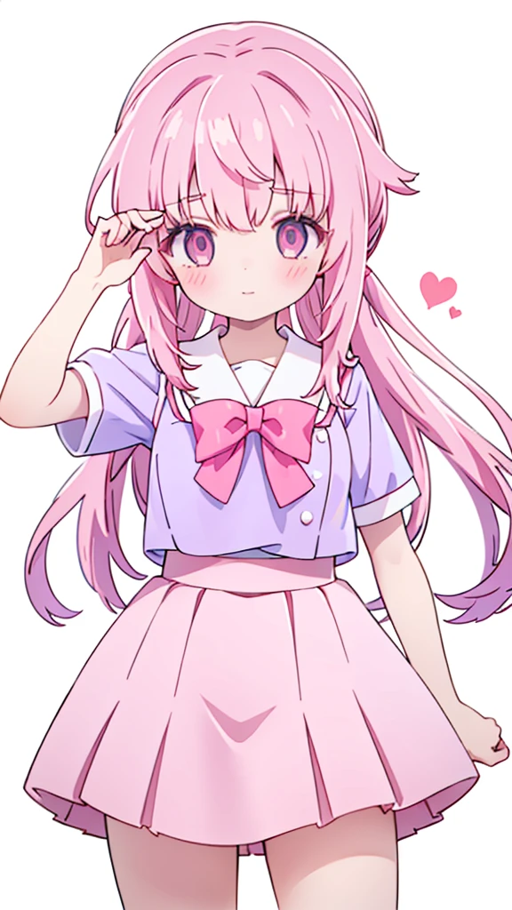 1girl,pink hair, pink eyes with love, detailed eyes, straight hair, straight bangs, shiny hair,
,red bowtie,purple skirt,purple shirt,pleated skirt,short sleeves,looking at viewer, high-definition,masterpiece,best quality, masterpiece, best quality, high resolution, aabeta, double, white simple background, standing, slim waist, cute, sailor uniform, close up selfie   (PastelColors: 1.3)