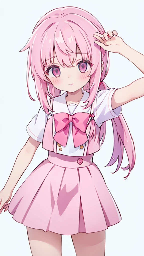 1girl,pink hair, pink eyes with love, detailed eyes, straight hair, straight bangs, shiny hair,
,red bowtie,purple skirt,purple shirt,pleated skirt,short sleeves,looking at viewer, high-definition,masterpiece,best quality, masterpiece, best quality, high resolution, aabeta, double, white simple background, standing, slim waist, cute, sailor uniform, close up selfie   (PastelColors: 1.3)