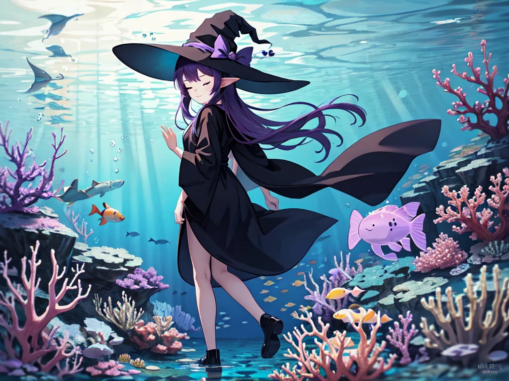 Anime girl. Long purple hair and wearing a black robe. Pointy ears. Witch hat. Cute cartoon. Illustration, alone. Looking back. Full body. High school student. Floating in water. Deep underwater. Underwater. Eyes closed.
