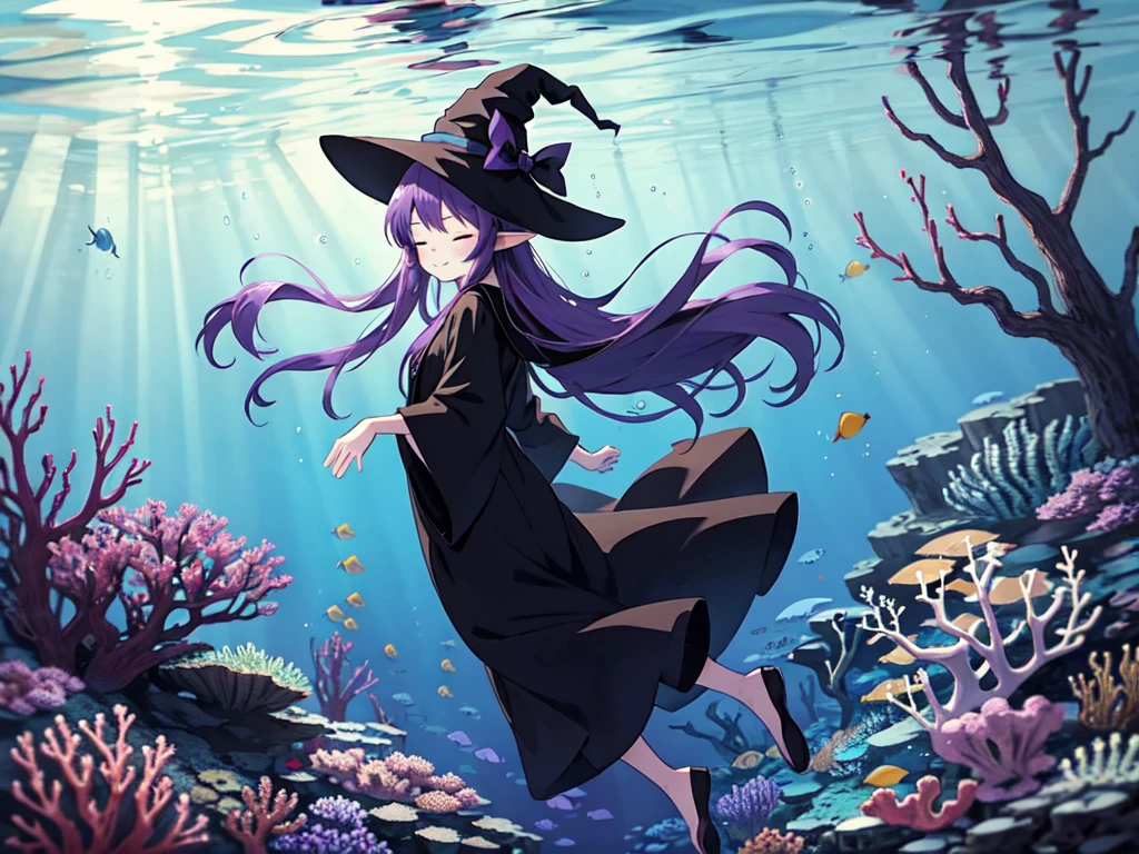 Anime girl. Long purple hair and wearing a black robe. Pointy ears. Witch hat. Cute cartoon. Illustration, alone. Looking back. Full body. High school student. Floating in water. Deep underwater. Underwater. Eyes closed.