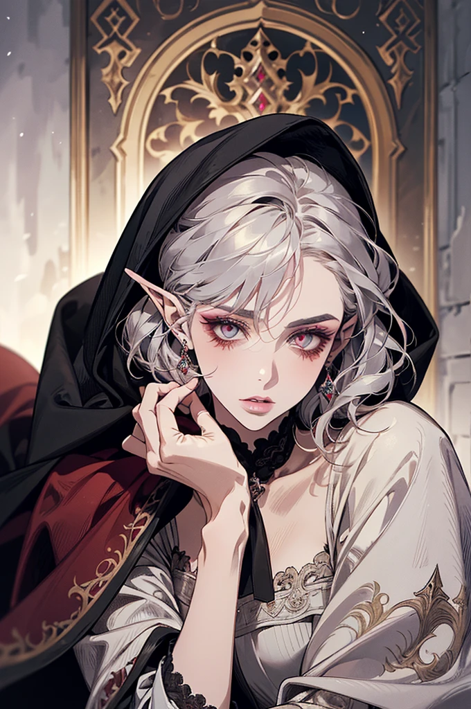 femme de 50 ans, Middle-aged European, ((trentenaire)), solo, medieval tavern, [ghotic] full lips, androgyne, [[Short hair]], (visage de forme ovale), (Heavenly Nose), wears a cape, peau claire et chaude, [[intense red eyes]], doe eyes, eyeshadow, short hair, very silver hair, very light, wavy hair, elfe ears, Long cils, ((black medieval clothes)), sexy red dress, Glow, ghotic, elegant, tendance sur artstation, makeup, lipstick, inkshadow, (((Masterpiece artwork))), ((best quality)), ((complex detailed)), ((semi-realistic)), (se concentrer uniquement), (visage parfait:1.1), (high detail:1.1), dark