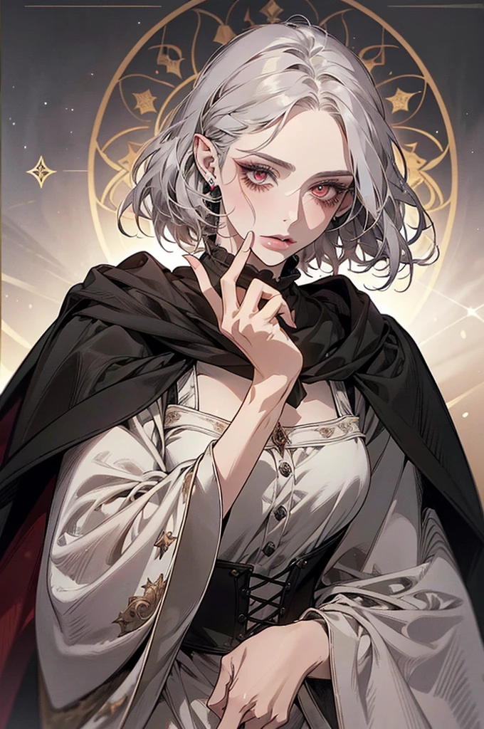 femme de 50 ans, Middle-aged European, ((trentenaire)), solo, medieval tavern, [ghotic] full lips, androgyne, [[Short hair]], (visage de forme ovale), (Heavenly Nose), wears a cape, peau claire et chaude, [[intense red eyes]], doe eyes, eyeshadow, short hair, very silver hair, very light, wavy hair, elfe ears, Long cils, ((black medieval clothes)), sexy red dress, Glow, ghotic, elegant, tendance sur artstation, makeup, lipstick, inkshadow, (((Masterpiece artwork))), ((best quality)), ((complex detailed)), ((semi-realistic)), (se concentrer uniquement), (visage parfait:1.1), (high detail:1.1), dark