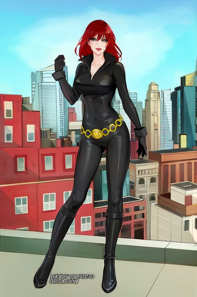 The image depicts a woman with red hair. She is clad in a sleek skin-tight shiny black latex bodysuit with a deep-cut zipper neckline revealing a large chest
 which is accentuated by a yellow belt, and her attire includes black gloves, boots, and wrist guards. She is posed on a rooftop, her gaze cast over a cityscape painted with buildings in varying shades of red, orange, and tan under a serene blue sky dotted with a few clouds. 