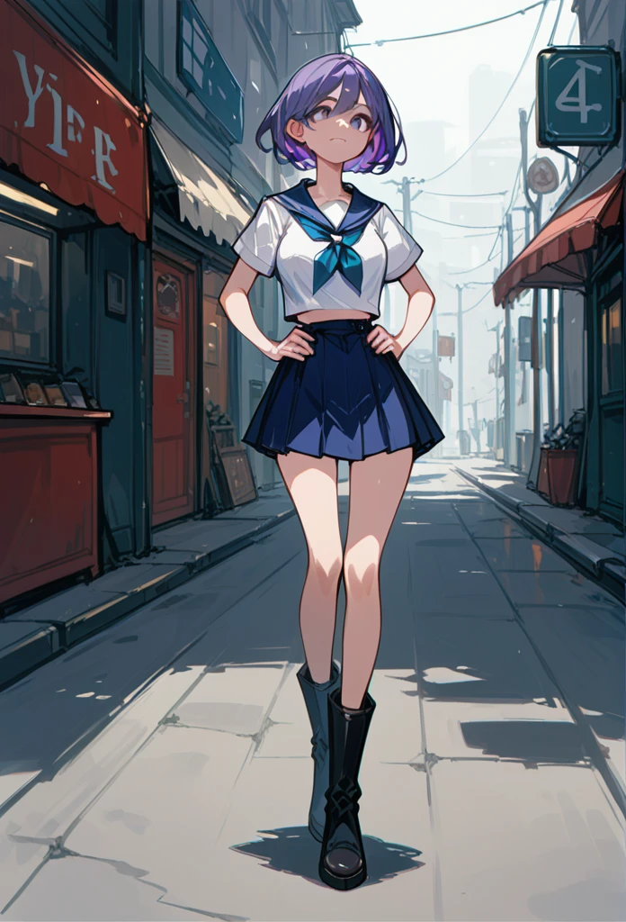Masterpiece, best quality, high resolution, 1 woman , straight purple hair , Bob , conjunctivitis , A cold expression , sailor shirt , short skirt , boots, Long legs , full body , abdomen , big breasts , Put your hands on your hips.. , roadside
