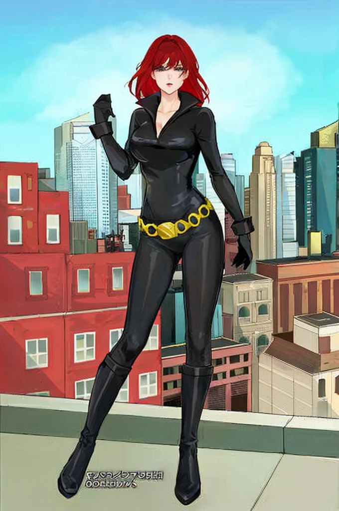 The image depicts a woman with red hair. She is clad in a sleek skin-tight shiny black latex bodysuit with a deep-cut zipper neckline revealing a large chest
 which is accentuated by a yellow belt, and her attire includes black gloves, boots, and wrist guards. She is posed on a rooftop, her gaze cast over a cityscape painted with buildings in varying shades of red, orange, and tan under a serene blue sky dotted with a few clouds. 