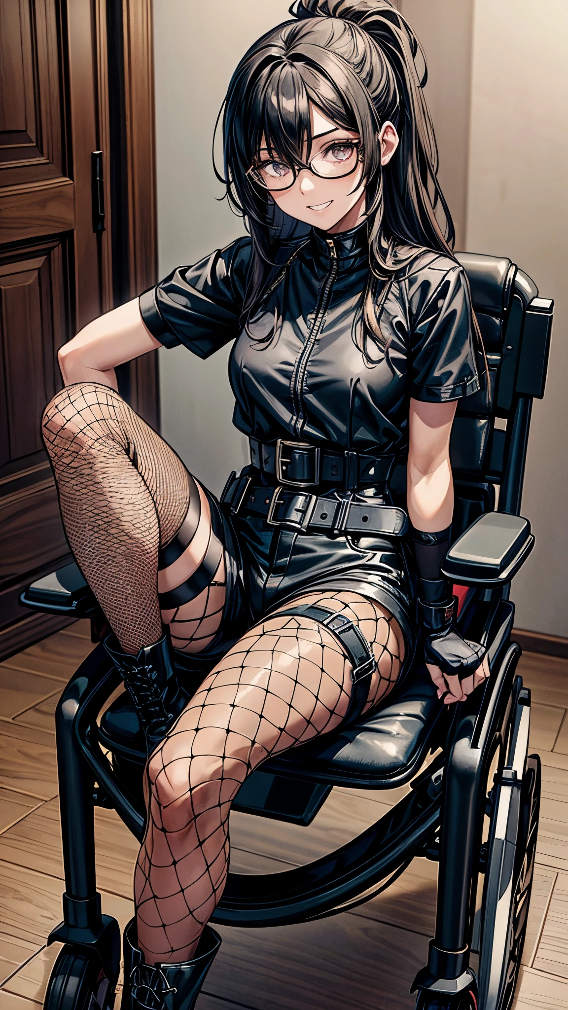One 19 years old girl,girl in electric wheelchair,eight heads tall,thin legs,black messy hair,black middle hair,hair over eyes,glasses,dark,it hurts,scary,nervous eyes,grin,she’s riding a electric wheelchair,legs in cast,leg brace,leg brace,black meshed tops,short sleeves,micro shorts,lace up long boots,fingerless glove,knee pads,elbow pads.((the girl secured with many belts,fishnet pantyhose)).