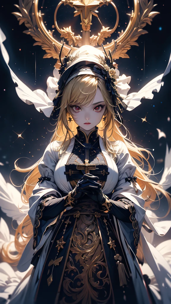 masterpiece, high quality, 4K, Beautiful design, silhouette,blonde, Highly detailed and amazing starry sky, Finer details, Very knowledgeable woman, Highly detailed solo, 1 female,Red eyes,Big Breasts,White Lolita Fashion,cross,