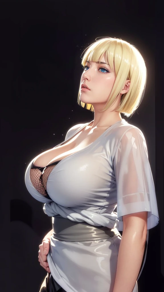 (（（Perfect body,White and tender skin,（（（BLACK KIMONO, CLEAVAGE, VAMBRACES,）））,（（（Samui, Blue eyes, blonde hair, short hair, bangs, blunt bangs,）））,((masterpiece)),high resolution, ((Best quality at best)),masterpiece,quality,Best quality,（（（ Exquisite facial features,Looking at the audience,There is light in the eyes,blush,Happy,lol）））,Look up at the sky，Raise a hand，From below）））,（（（Light and shadow,Huge breasts）））,（（（Looking at the camera,black background,)））),