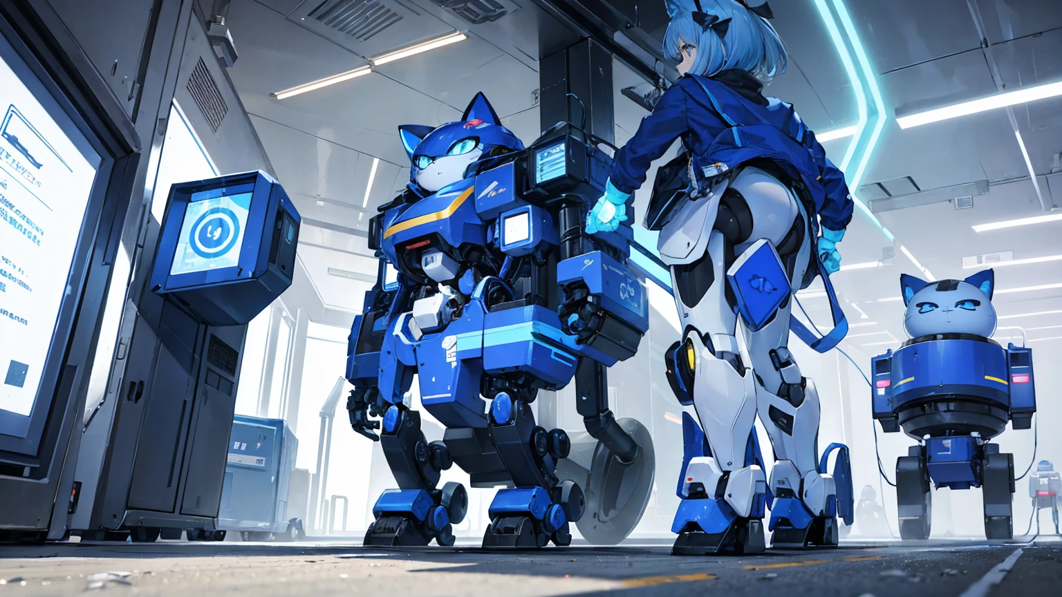 A blue cat robot is walking.、The robot has a round head and a round body.２It is the head and body、The robot&#39;s name is Doraemon.
