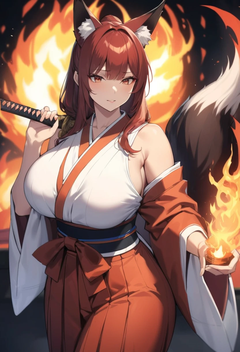 4K masterpiece High brightness crimson hair Very long ponytail Bangs down Mature woman Very large bust Huge breasts Exposed hakama Fox ears and nine fox tails of the same color as the hair Burning sword、Sword、He is wearing a five-fingered flame and is holding a Japanese sword.