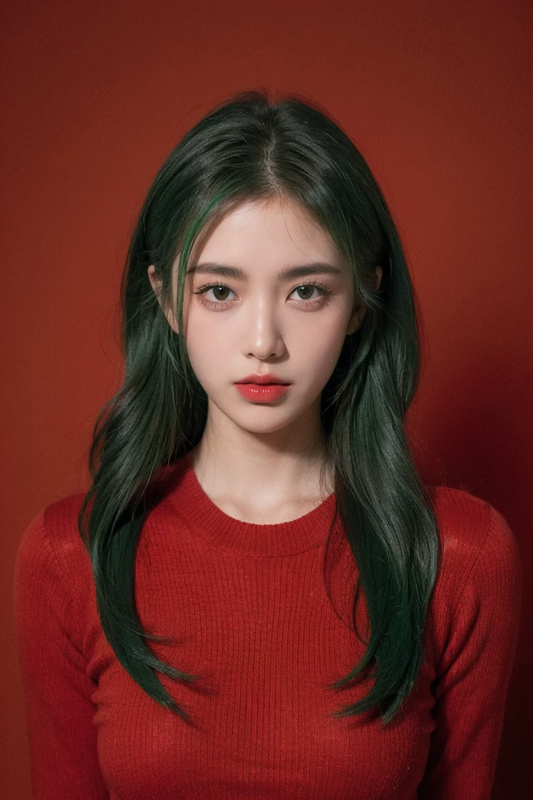 21 year old girl, Green hair, red background,