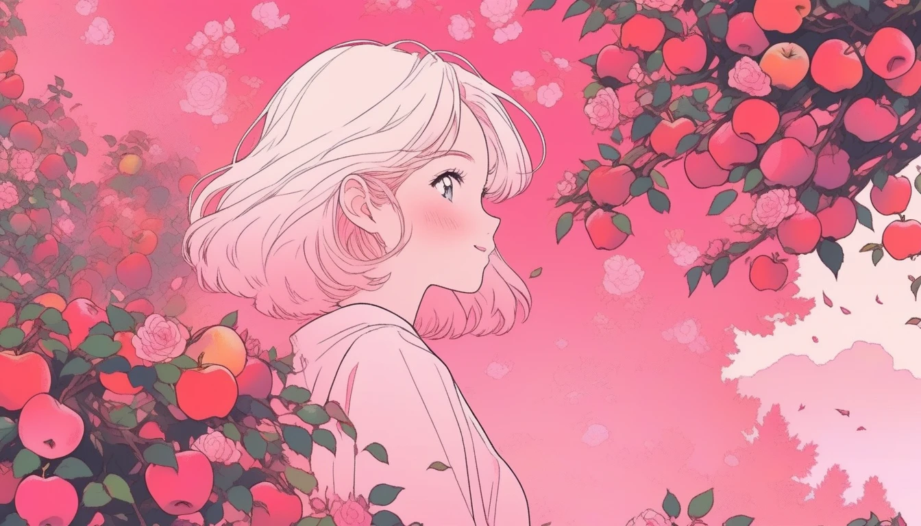 ilustrador, Japanese cartoons , Practical ,sketch , 1 Girl,Smile,Apple picking ,lips, Order, pink gradient background, There are many apples on the rose trees around,Neon hair,Texture cropping, Canada, (In the flowers,best quality),16:9 Landscape screen,