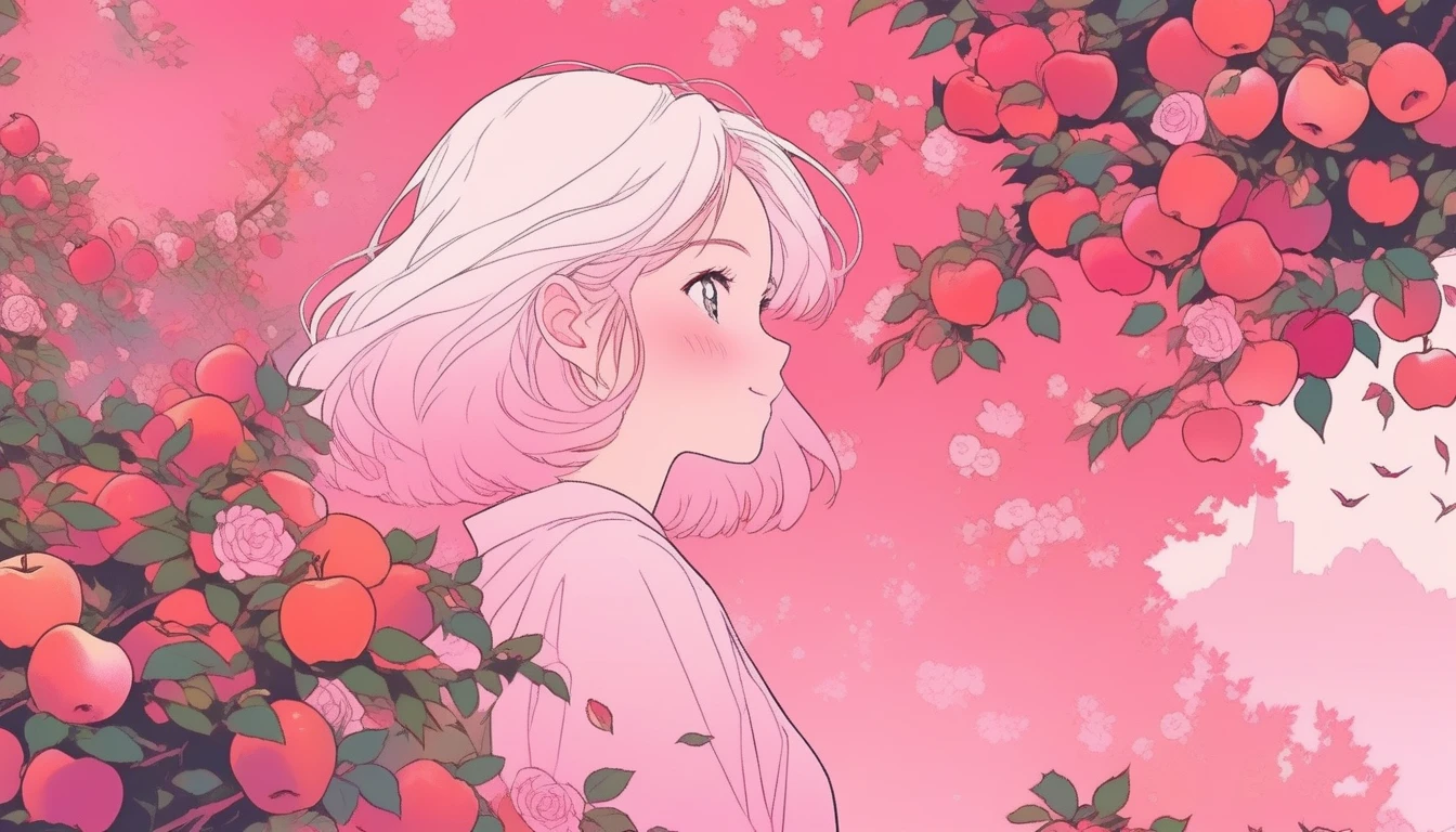ilustrador, Japanese cartoons , Practical ,sketch , 1 Girl,Smile,Apple picking ,lips, Order, pink gradient background, There are many apples on the rose trees around,Neon hair,Texture cropping, Canada, (In the flowers,best quality),16:9 Landscape screen,