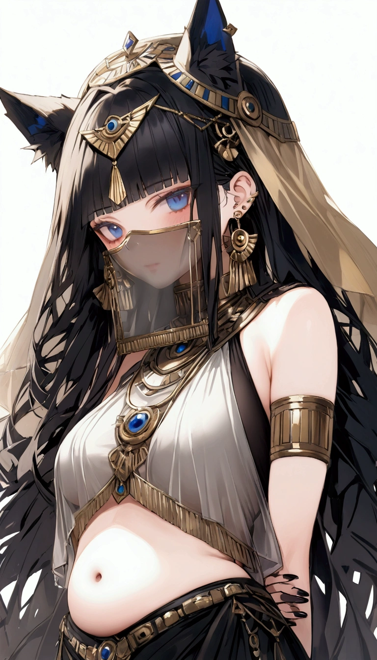 score_9, score_8_superior, score_7_superior, score_6_superior, One girl, 1Other, Animal ears, Put your arms behind your back, Black Hair, Black nails, blue eyes, Blunt bangs, chest, Mouth closed, Earrings, Egyptian, hand superior, Humanization, jewelry, large chest, Long Hair, View your viewers, mouth Veil, Manicure, belly button, See through, Side Lock, Simple Background, Stomach, Usek Color, Veil, White Background, 