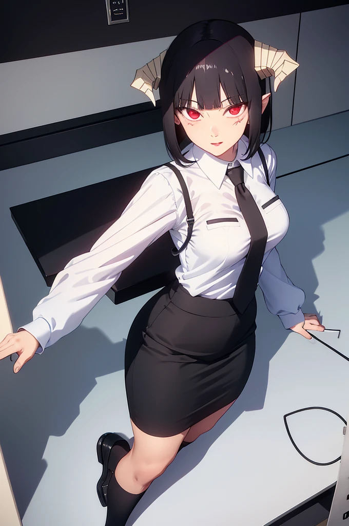 work of art, fitted white secretary shirt with black tie, very short black skirt, skirt short,sock, Bblack hair, socks pretas,Evil smile,tabletop,bangs on the eyes,Lighting,hair horn,from above view,staring overhead,detailedeyes,red eyes glowing