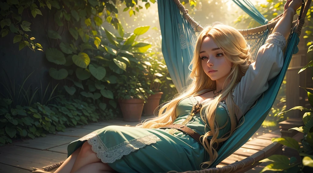 A beautiful young woman with long, flowing blonde hair relaxing in a hammock, peaceful expression, sunlit garden background, intricate details, cinematic lighting, dreamlike atmosphere, highly detailed, photorealistic, 8K