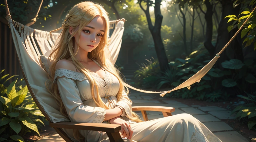 A beautiful young woman with long, flowing blonde hair relaxing in a hammock, peaceful expression, sunlit garden background, intricate details, cinematic lighting, dreamlike atmosphere, highly detailed, photorealistic, 8K