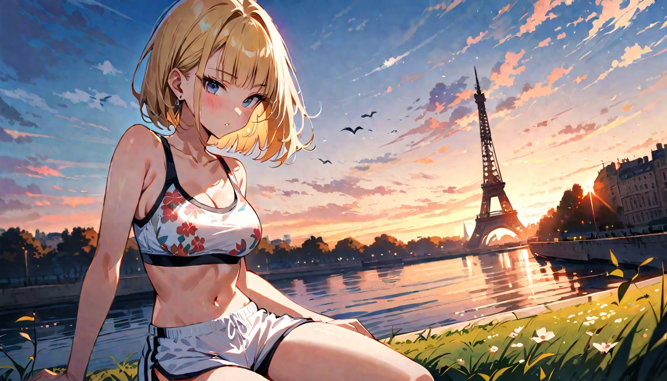 (masterpiece, best quality:1.2),1girl, (solo), Android 18 from Dragon Ball, ((floral print white sport bra, black dolphin shorts)), medium breasts, blunt bangs, blonde short hair, black eyes, earrings on earlobes, slim, slender feminine figure, skinny body, blush, magnificent view, blur background, 8K, the Eiffel Tower, collarbone, riverside, sky, sunny, meditation on the grass, black cap,