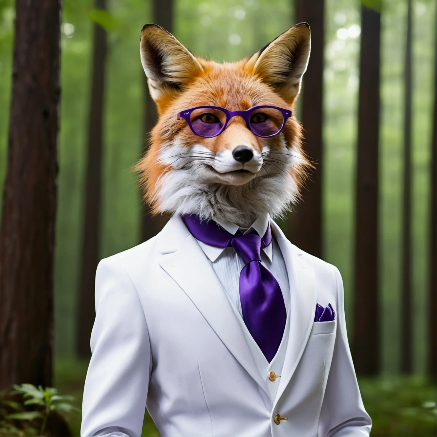 Photo realistic ultra high quality fox coat、Cyanosis、White suit、Purple breastplate、Glasses、Forest Background