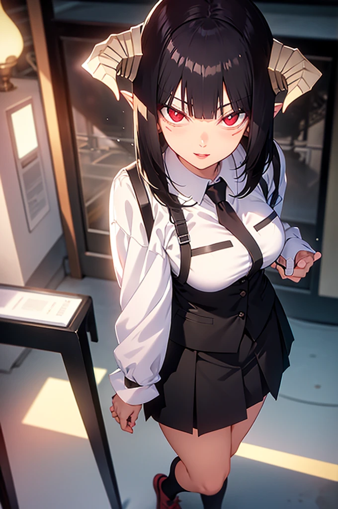 work of art, fitted white secretary shirt with black tie, very short black skirt, skirt short,sock, Bblack hair, socks pretas,Evil smile,tabletop,bangs on the eyes,Lighting,hair horn,from above view,staring overhead,detailedeyes,red eyes glowing
