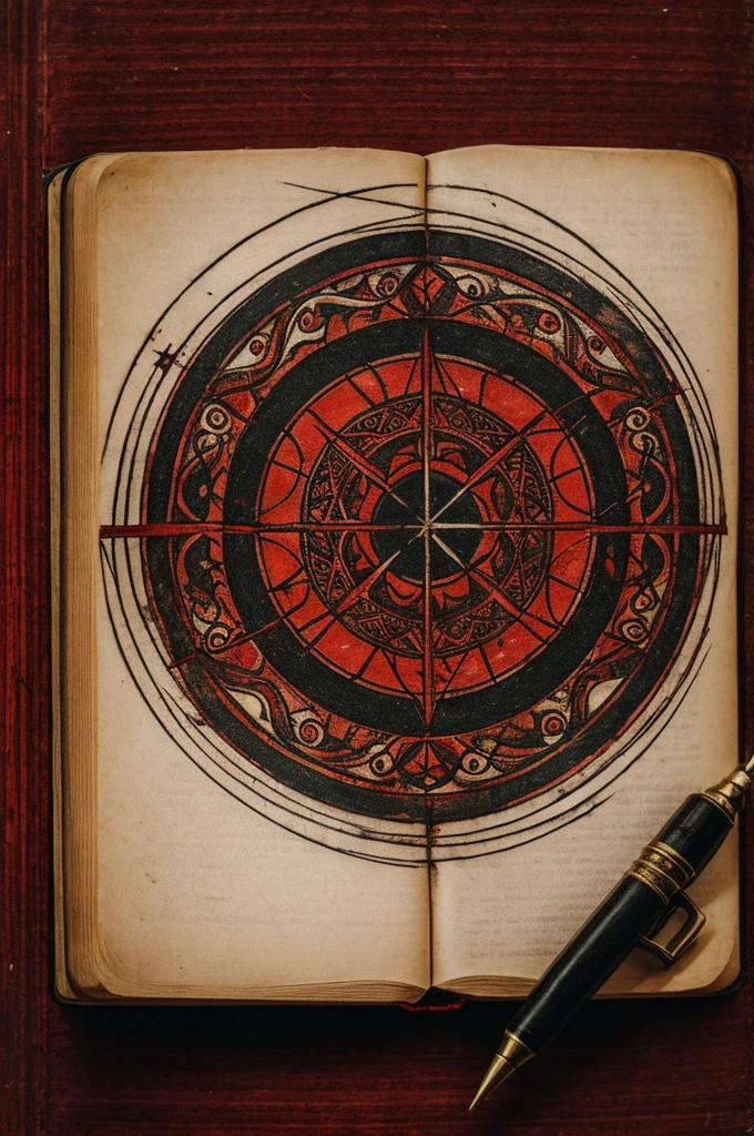 The old book is decorated with vampires, with red lines drawn across the book with a circle in the center