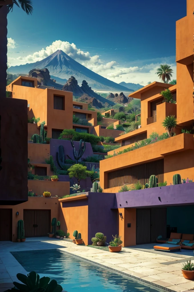 Multiple houses, brutalism style, Luis Barragán, Mountains in background, river, pool, terraces, stairs, garden terraces, trees, beautiful clouds, moon, sun, detailed, cacti, boulders, volcanic rocks, fuggy, Violet, orange, olive green, blue, magenta, amazing volcano in horizont, beautiful garden design