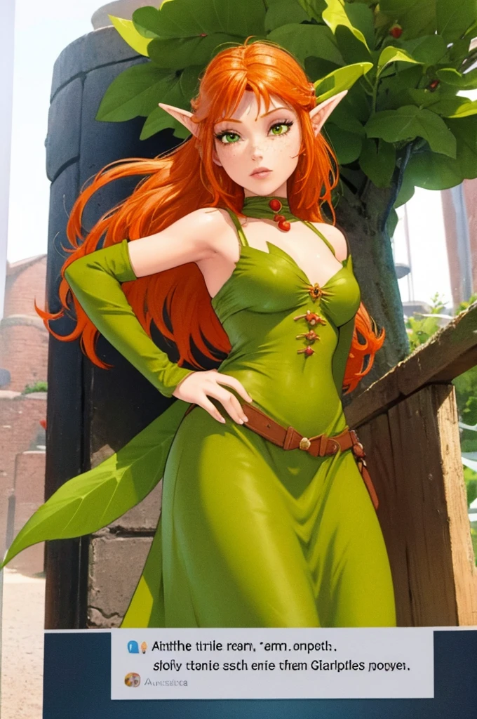 Princess Selenia - Arthur and the Invisibles, cute sexy orange hair elf girl, freckles, slender body, green eyes, green dress made of leaves