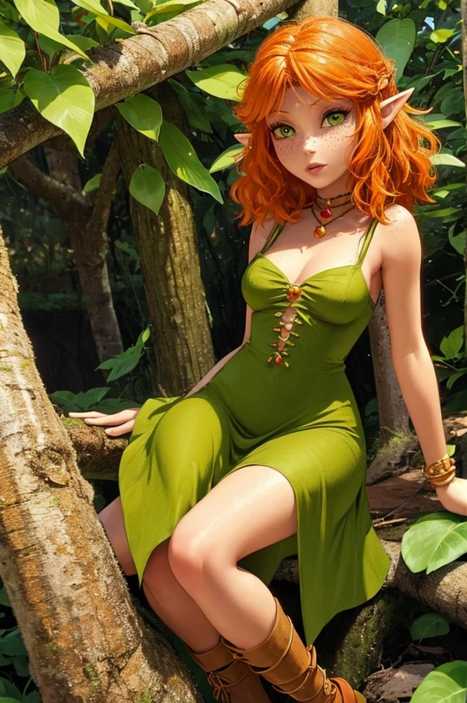 Princess Selenia - Arthur and the Invisibles, cute sexy orange hair elf girl, freckles, slender body, green eyes, green dress made of leaves