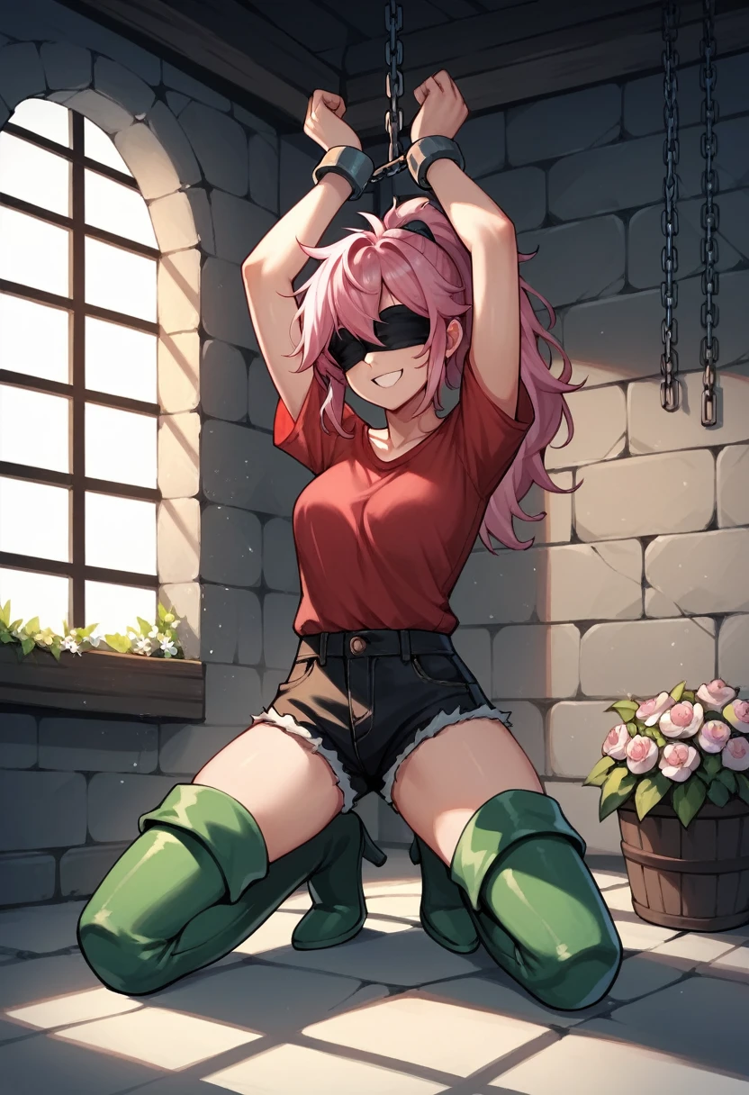 score_9, score_8_up, score_7_up, score_6_up, score_5_up, score_4_up, source_anime, 1girl, worth, pink hair, ponytail, blindfold, smile, w-w-chain, shackles, raised arms, messy hair, red shirt, shorts, green boots, thigh high boots, heels, windows, flowers, dungeon, best quality, best res, 4K UHD,
 