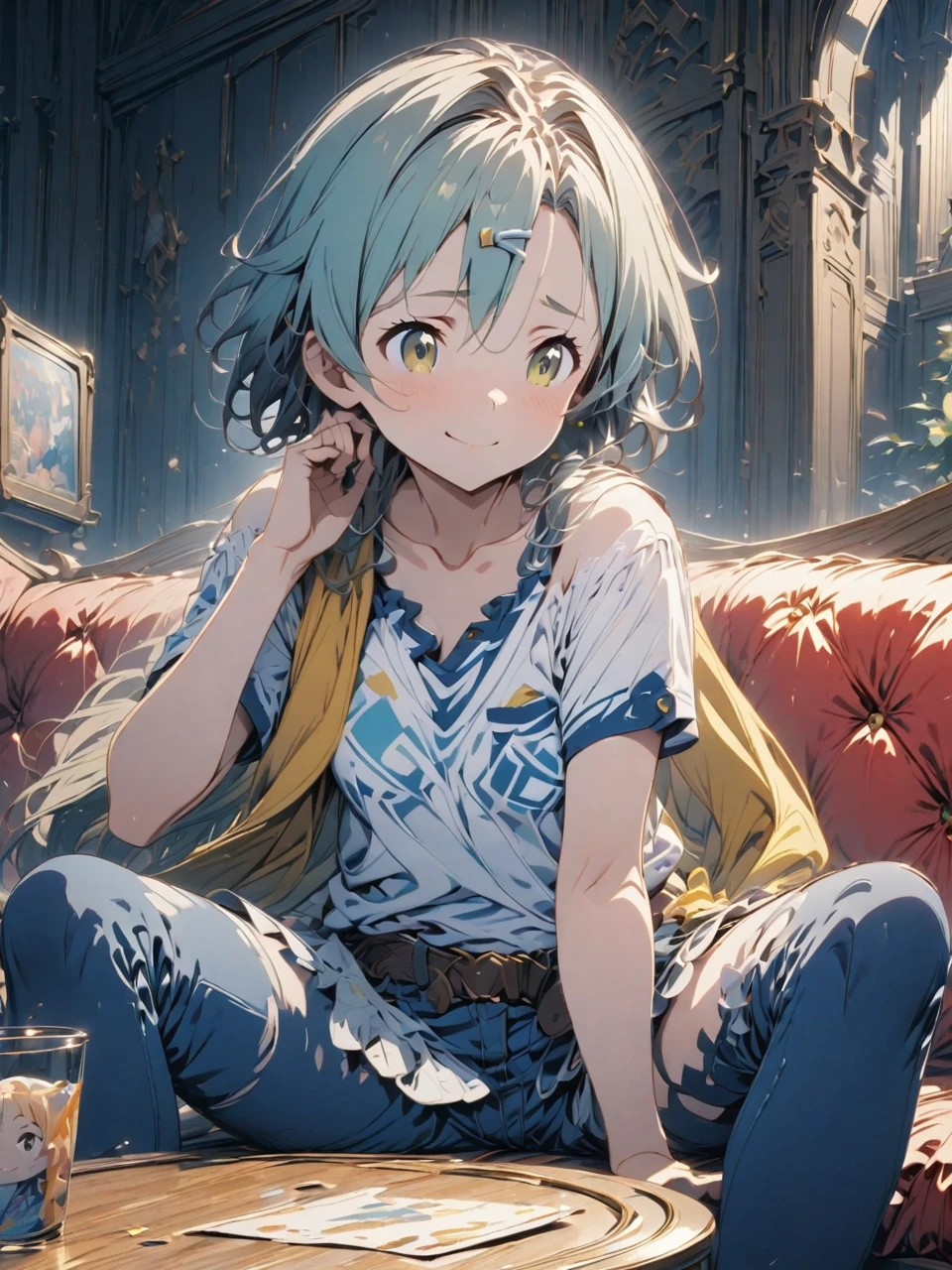 Japanese cartoon, aqua hair with gray highlights, medium breasts, golden eyes, faint smile, denim shorts, scarf, V-neck low-cut white sweatshirt, blue pants, sitting, cross-legged, smart interior, sitting on the couch, Shino Asada's face, Japanese cartoon Sword Art Online, best quality, 4K