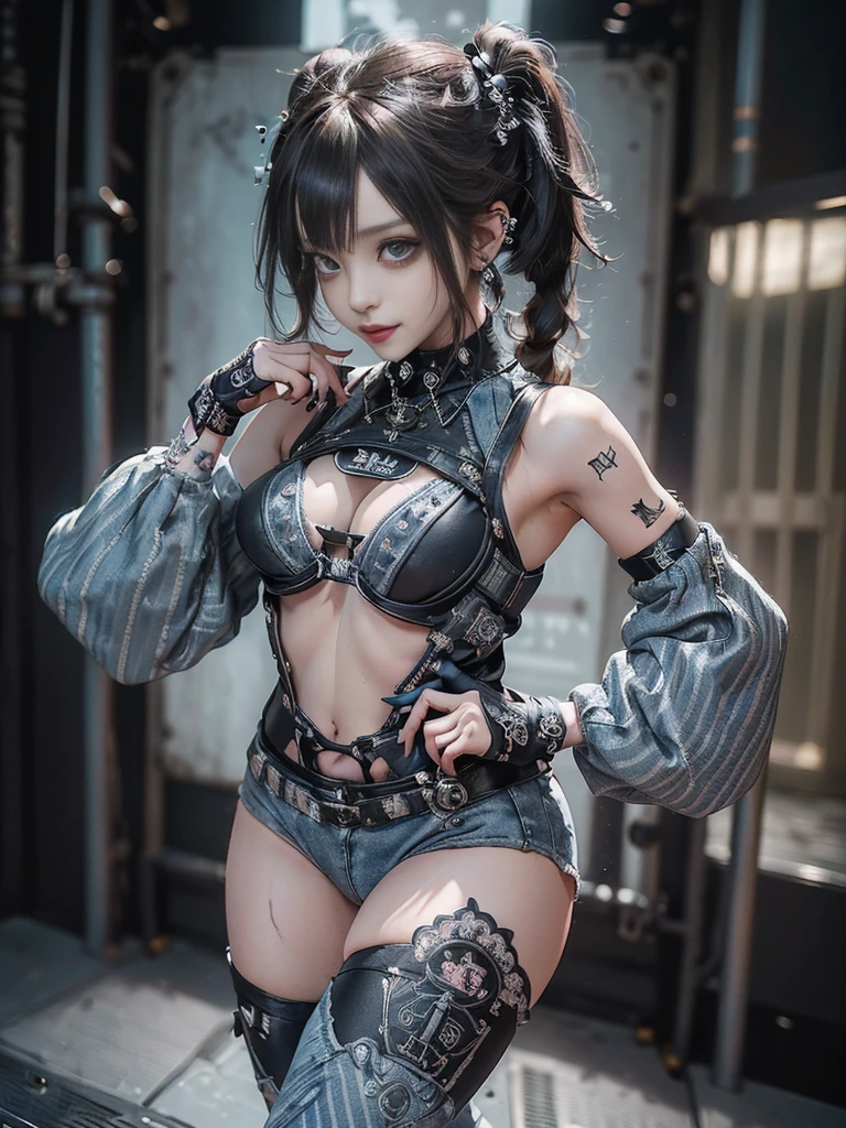 (Full body view:1.4)、(Side view:1.1)、(Smiling with teeth showing:1.3),(Shibuya Gal:1.5)、(Gothic ta style fashion:1.5)、(Punk RockVisual Kei:1.5)、(Wearing a rhythmic gymnastics bodysuit with intricate details:1.4)、(Racing suit and pants with intricate decorations in white, denim and charcoal:1.5)、(Denim and light blue and white boots:1.3)、((belt))、(Numerous delicate logo marks all over the costume:1.4)、(collar:1.3)、(Striped underwear:1.5)、20-year-old、NSFW、((Highest quality、In 8K、masterpiece:1.3))、Sharp focus:1.2、(Layered Cut、Huge boobs:1.1),Beautiful woman with perfect figure:1.4、(Dancing vigorously:1.3)、Slender Abs:1.2、Highly detailed face and skin texture、Detailed eyes、double eyelid,(Twin tails:1.3)、(Brown Hair:1.3)、Gravure idol、(The background is the stage of the fashion show:1.3)、(Slim Body:1.3),(Make your legs thinner:1.4),(clavicle:1.1)、(Thin and slim thighs:1.4)