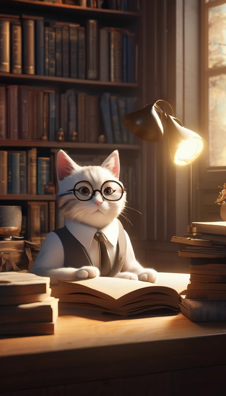 (Highly detailed CG Unity 8k wallpaper、masterpiece、Highest quality、Very detailed)、(Best lighting、Best Shadow、Very delicate and beautiful)、Highest quality、8k、Detailed facial depiction、masterpiece、Highest quality、Crisp image quality、
Cartoon cat wearing glasses reading a newspaper。、Bookshelf Background