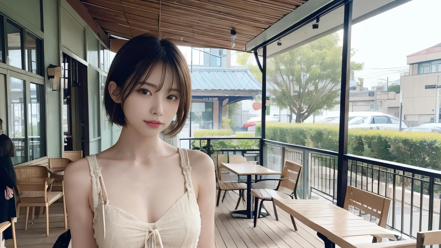 super high quality, Fashion Model, Slenderのネックレス, Slender, The staff is working at the counter in the back., (8k、RAW Photos、Highest quality、masterpiece:1.2), Stylish café, Fashion magazine photoshoot, (Realistic、Photorealistic:1.37), Beautiful Face , Mesh Hair, Urban Cafe, Golden Ratio, Raw photo, Small breasts, Bright cafe interior, Blurred Background, Summer clothes, Beauty, Cafe Terrace, Open Cafe, Photographed inside the cafe, 20-year-old, Hair blowing in the wind, Neat clothes, Very Short Hair, Cool older sister, Stylish clothes,