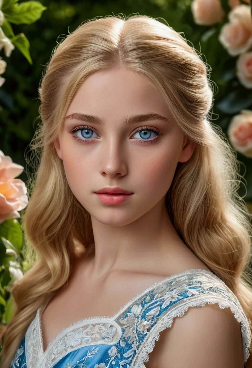 A young girl with blue eyes and blonde hair, beautiful detailed eyes, beautiful detailed lips, extremely detailed eyes and face, long eyelashes, elegant, serene expression, delicate features, flowing blonde hair, detailed fabric textures, beautiful detailed dress, outdoor garden setting, lush greenery, colorful flowers, natural lighting, warm tones, (best quality,4k,8k,highres,masterpiece:1.2),ultra-detailed,(realistic,photorealistic,photo-realistic:1.37),portrait,highly detailed, vibrant colors, soft focus, natural lighting