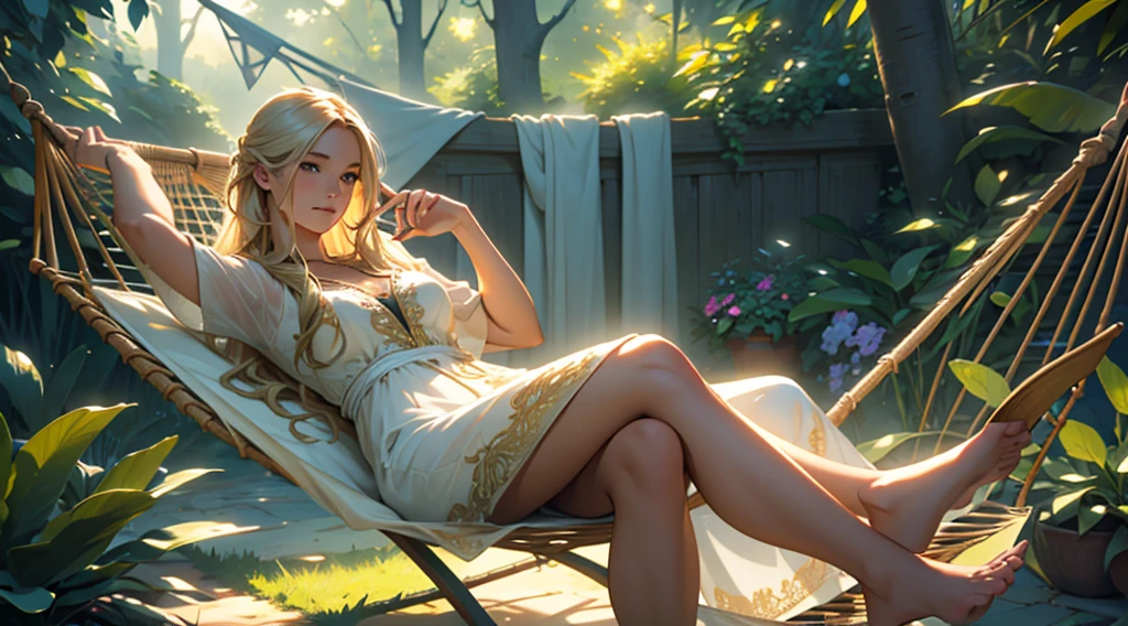 A beautiful young woman with long, flowing blonde hair relaxing in a hammock, peaceful expression, sunlit garden background, intricate details, cinematic lighting, dreamlike atmosphere, highly detailed, photorealistic, 8K